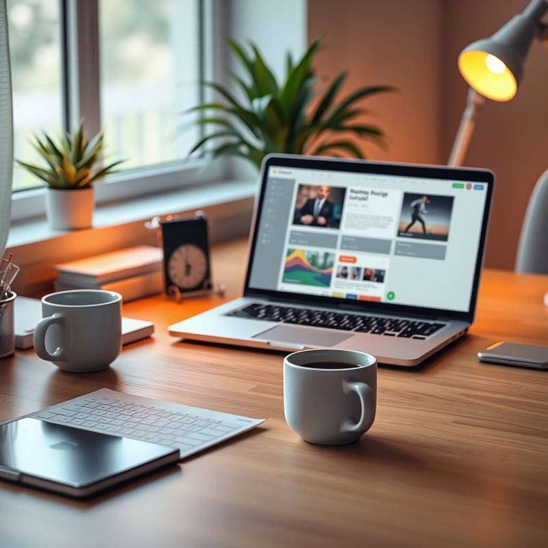 Imagen mostrando un escritorio con una laptop, una taza de café y elementos de diseño, simbolizando la creación de contenido atractivo.