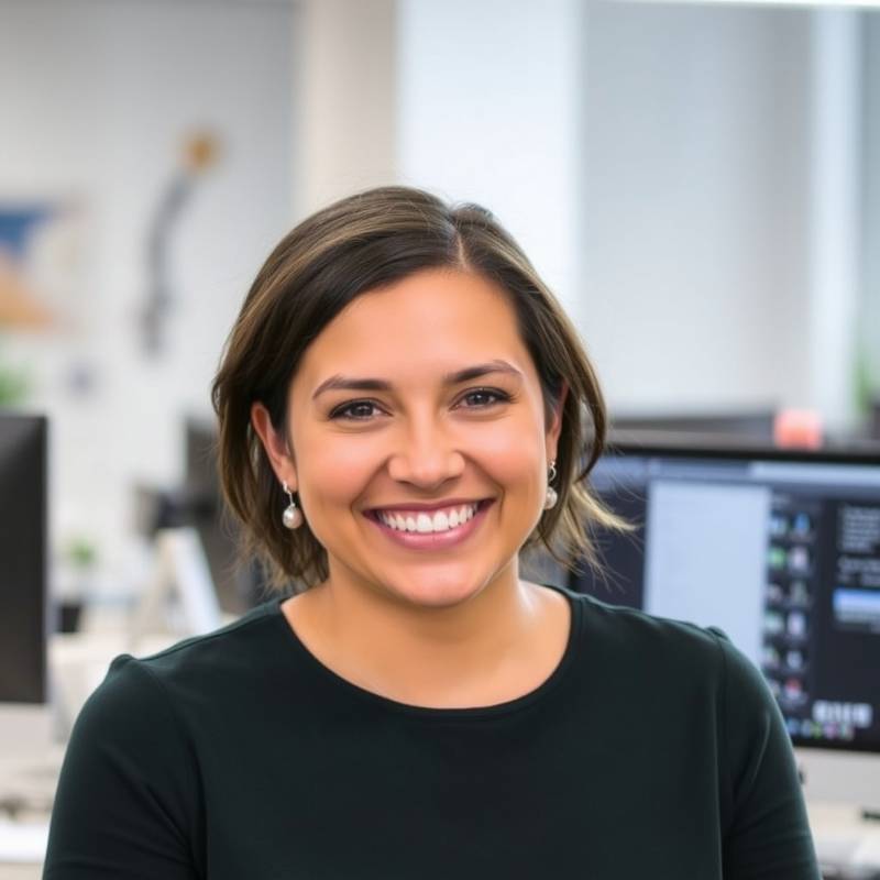 Retrato de Elena Ramírez, Directora de Diseño, sonriendo amigablemente en su oficina con una computadora en segundo plano
