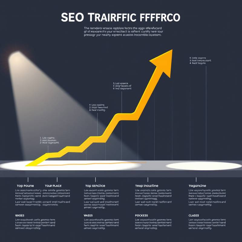 Un gráfico que muestra el aumento del tráfico web a través de la optimización SEO, con flechas ascendentes y palabras clave relevantes.